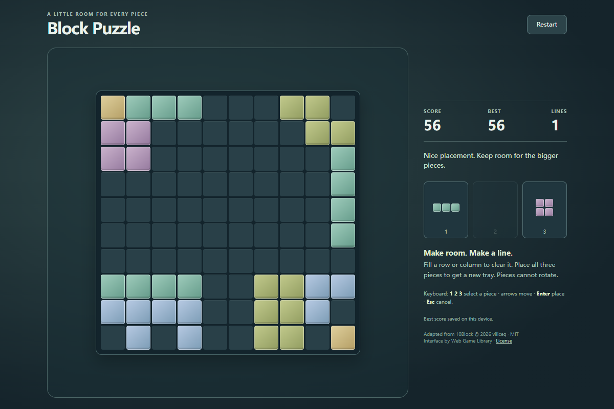 Block Puzzle live 10 by 10 board after 13 legal placements with score 56 and one cleared line