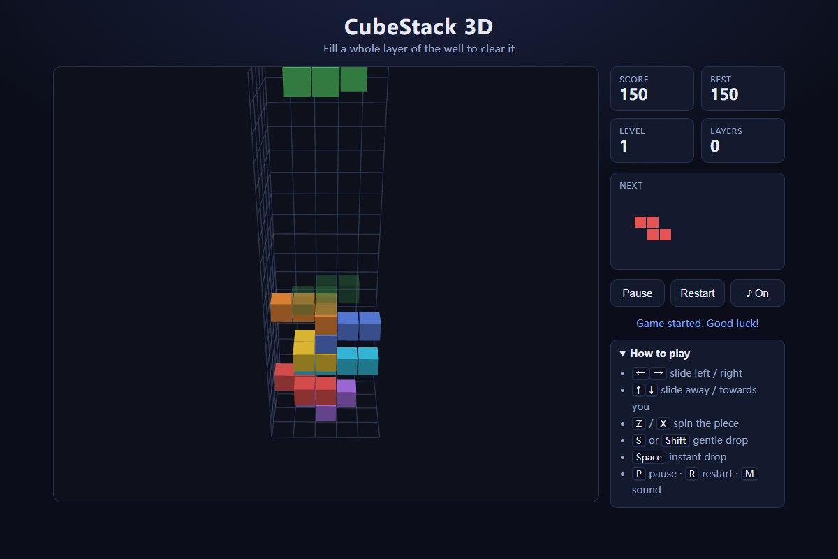 CubeStack 3D mid-game in the 5×5×16 well with a stacked tower, the next S piece preview and score 150