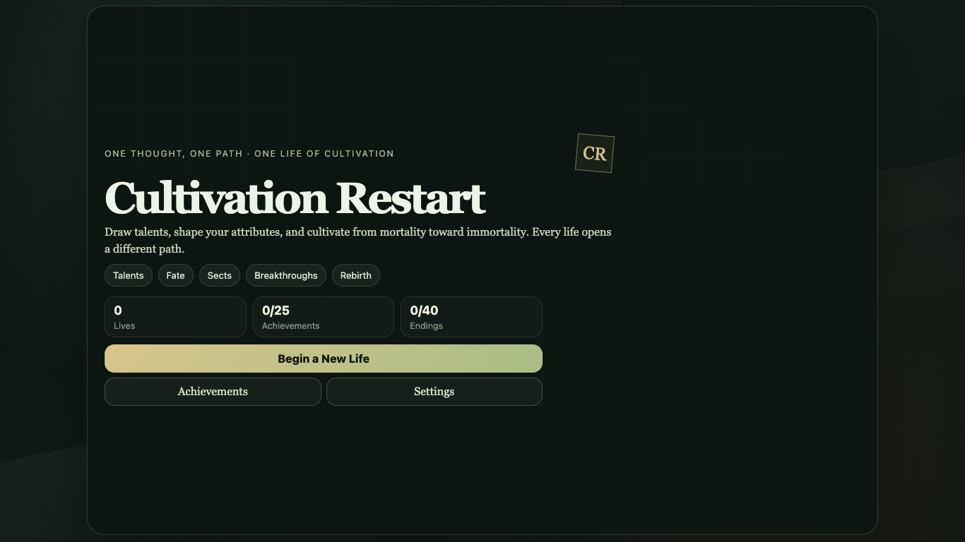 Cultivation Restart home screen with the English title and reincarnation progress