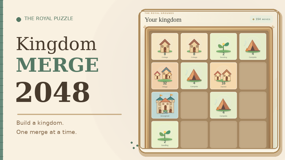 Original Kingdom Merge 2048 fantasy building puzzle, desktop gameplay board and almanac