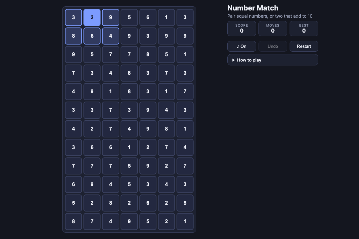 Number Match fixed 12×7 board with a selected 2 and its reachable positions highlighted
