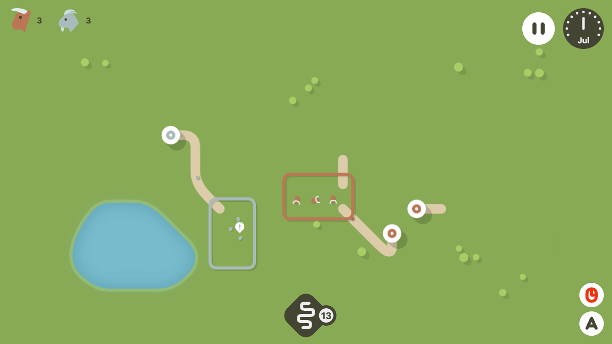 Tiny Yurts settlement with two farms, three yurts, connected roads, and settlers traveling between them
