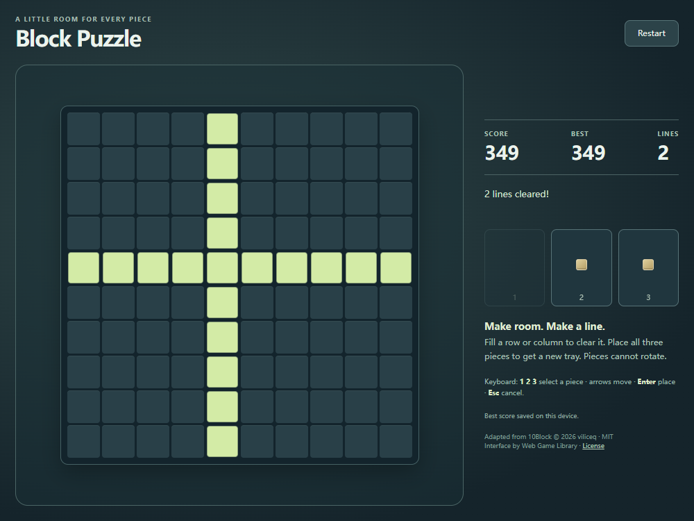 Block Puzzle immediately after the crossing lines clear, showing the green removal flash, score 349, and two cleared lines