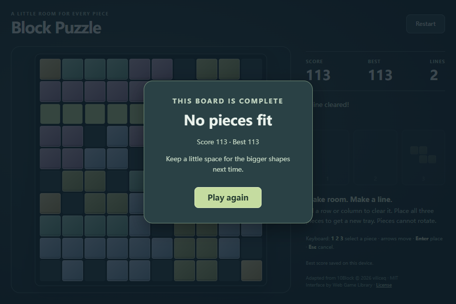 Block Puzzle No pieces fit dialog after a completed run, with score 113, best 113, and a Play again button