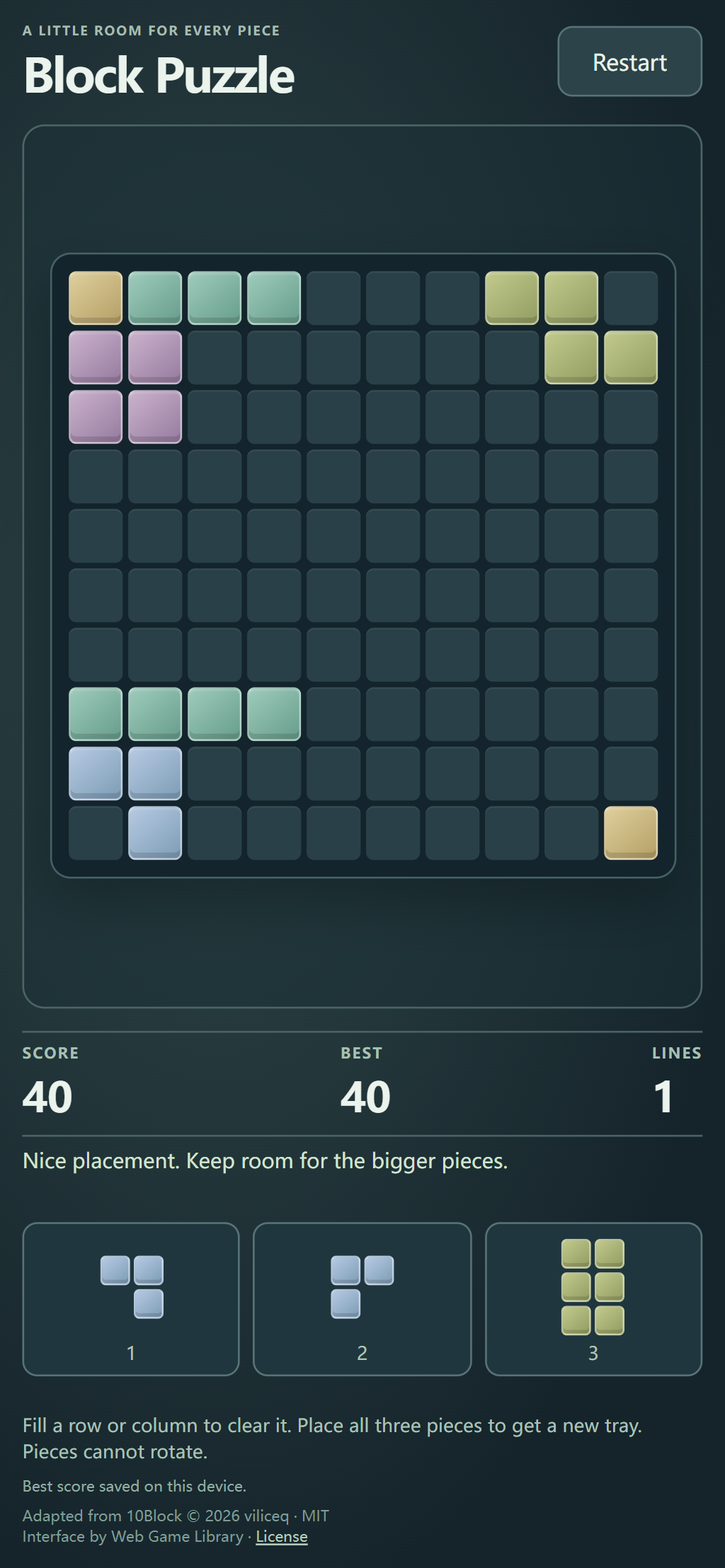 Block Puzzle portrait touch layout with shaped blocks on the 10 by 10 board, score 40, and one cleared line