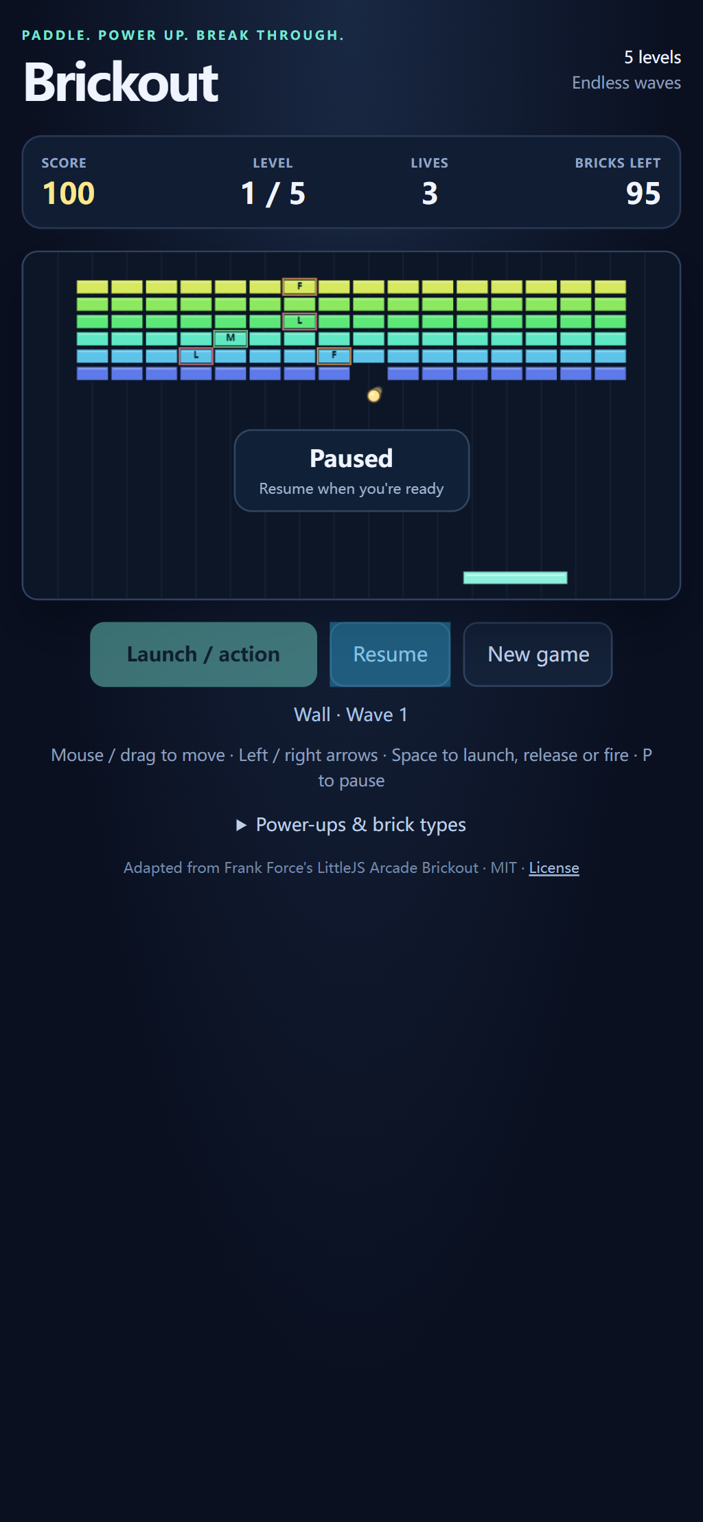 Brickout portrait touch layout paused after one brick breaks, showing score 100, three lives, Resume, and New game controls