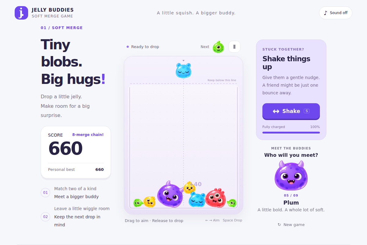 A low mixed pile of Jelly Buddies includes a large purple Plum and smaller matching creatures