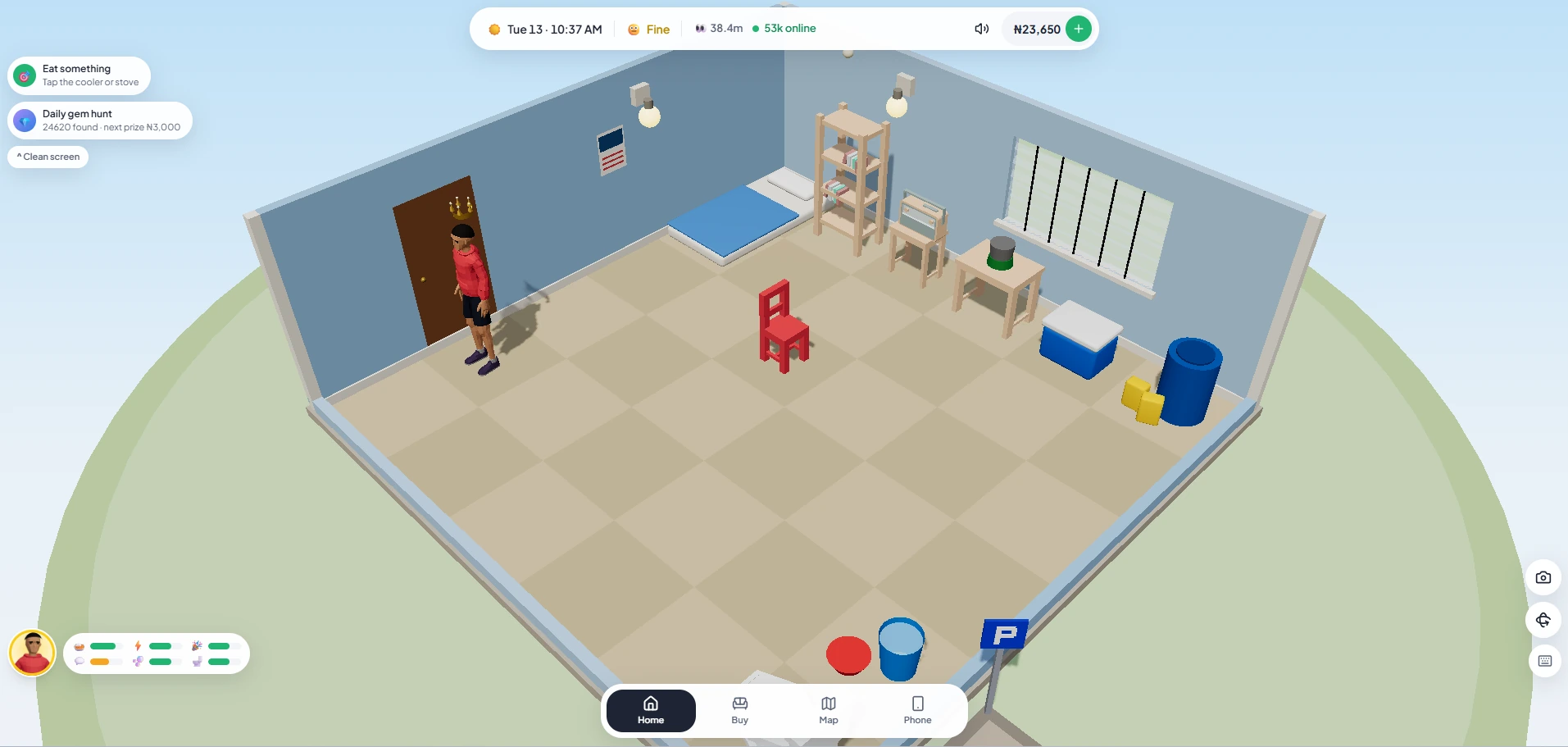 Lagos Life character standing inside a small starter home