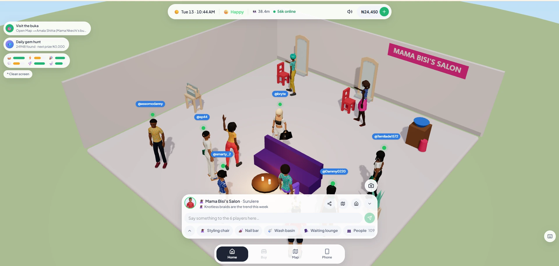 Several player characters inside Mama Bisi’s Salon in Surulere, Lagos Life