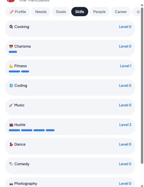 Lagos Life Skills panel listing cooking, charisma, fitness, coding and other skills