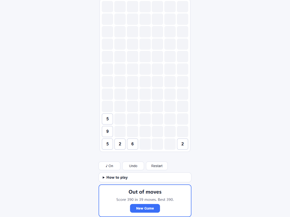 Number Match end dialog reading Out of moves with a final score of 390 in 39 moves and a New Game button