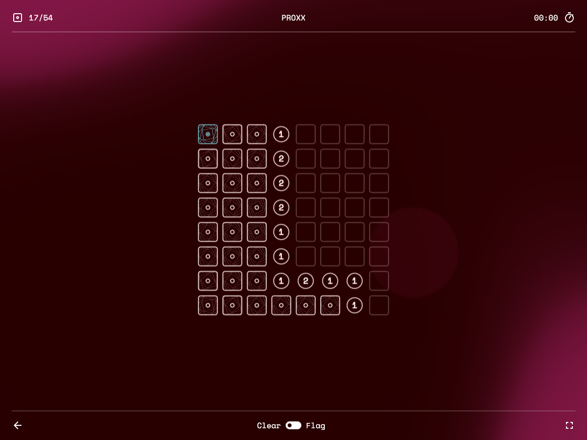 An active PROXX board with a cleared region, numbered clues, and hidden tiles around it
