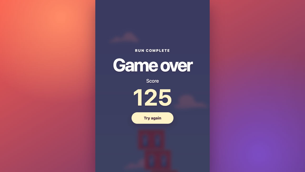 Game over panel showing a final score of 125 and a Try again button.